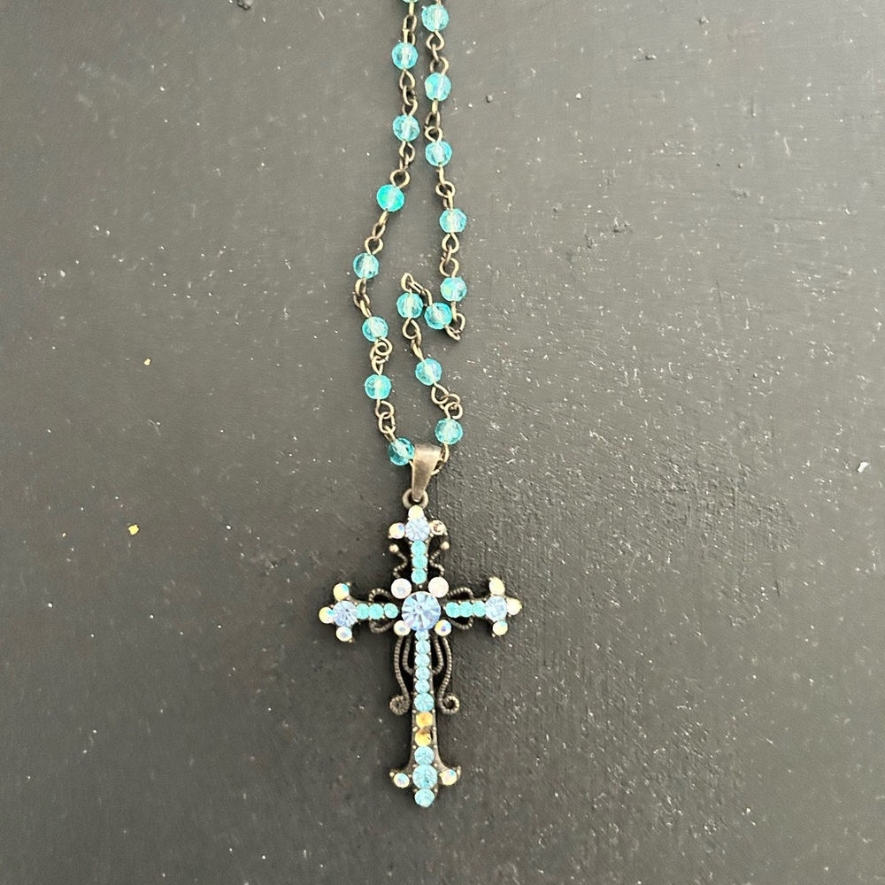 Vintage Blue Swarovski Crystal Cross Pendant Necklace, 20” long
